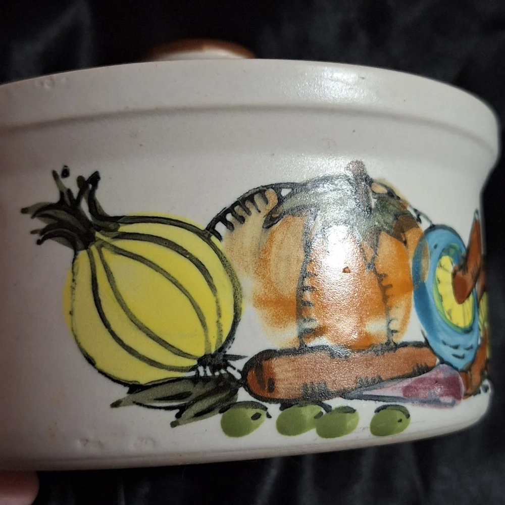 Vintage Stoneware Crock With Lid~Vegetable Design~Oven Proof~Korea~Hand Painted